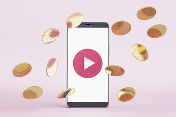 Abstract image of smartphone screen with play button and golden doller coins rain on light background. Cash back and gambling concept. 3D Rendering.