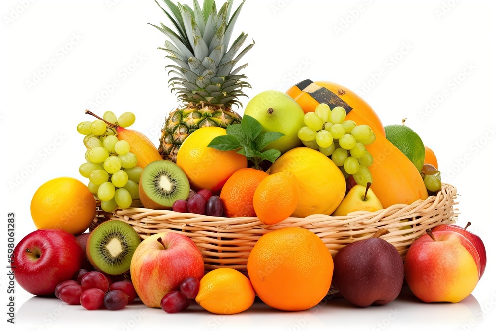 Poster basket overflowing with a colorful variety of fresh fruit. generative ai generative ai