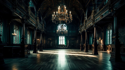 Fototapeta na wymiar Gothic, interior of a large dark ballroom, generative AI