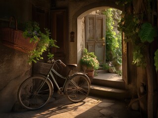 Fototapeta na wymiar Wildflowers and an Antique Bicycle in Tuscany