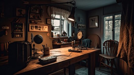 Podcast side hustle, a cozy home recording studio with a stylish microphone, laptop, headphones, and soundproof walls, warm lighting from a desk lampgenerative ai