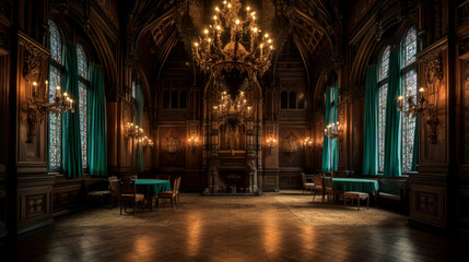 Gothic, interior of a large dark ballroom, generative AI - obrazy, fototapety, plakaty