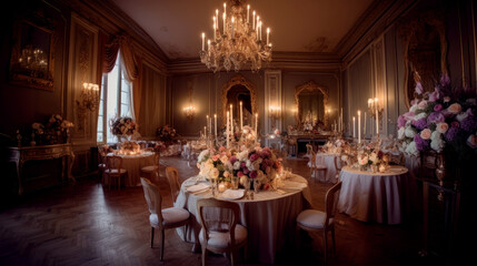 Fototapeta na wymiar Baroque, large luxury banquet room with many tables and floral decoration, generative AI