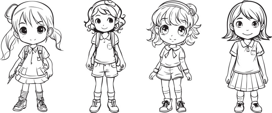 coloring book for kids, innocent school girl standing vector character, black and white, 100% editable colorable