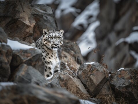 Graceful Snow Leopard blends into snowy Ladakh landscape