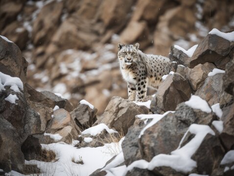 Snow Leopard Camouflaged in Serene Ladakh Landscape