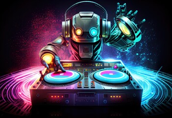 Robot disc jockey at the dj mixer and turntable plays nightclub during party. generative ai