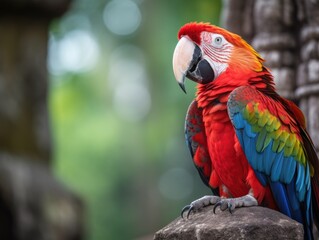 Fototapeta premium Vibrant Scarlet Macaw Perched on Ancient Mayan Temple in Tikal Park