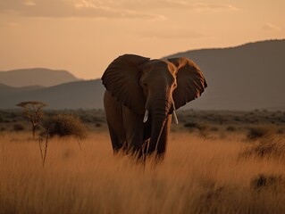 Fototapeta na wymiar Graceful African Elephant at Sunset in Savanna
