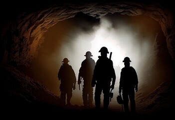 Silhouette of miners with headlamps working underground coal mine. generative ai