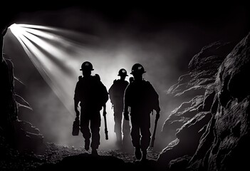 Silhouette of miners with headlamps working underground coal mine. generative ai