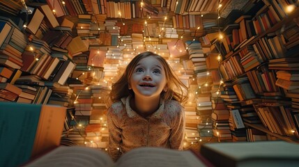 Happy smiling girl lies on stacks of books, dreamlike love for reading books, cute girl bookworm
