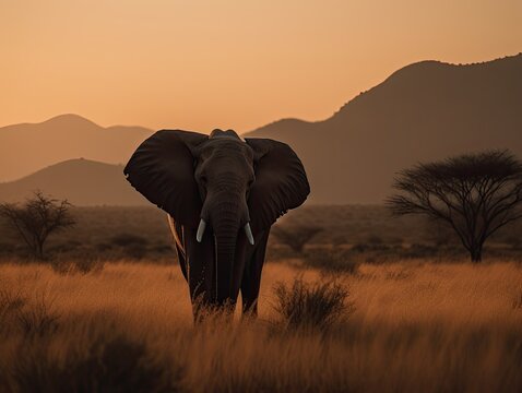Proud African Elephant at Sunset in the Savanna