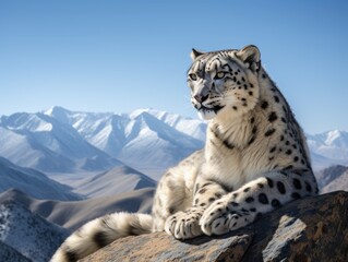Majestic Snow Leopard Rests on Rocky Himalayan Cliff