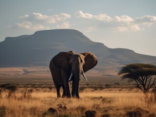 Fototapeta na wymiar Majestic Elephant in Arid Savannah with Towering Mountains
