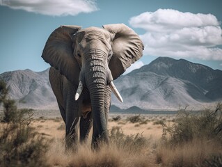 Fototapeta na wymiar Graceful Elephant against Mountain Backdrop in African Savanna