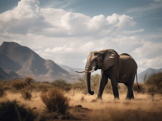 Fototapeta na wymiar Spectacular Elephant Silhouette Against Majestic Mountain Range
