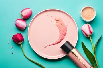 Flat lay of tulips, parfume bottle, cosmetics and tulip powder on pastel spring background with copy space