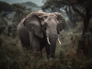Majestic Ivory-Tusked Creature Grazing in Forest Clearing
