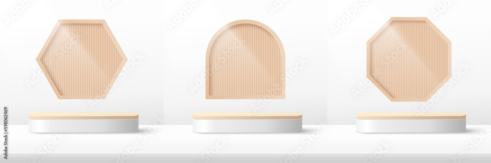 Wall mural set of podium platform to show product with beige hexagon, octagon and square background. white mini