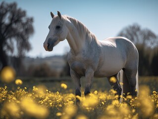 Grazing Stallion in Picturesque Sun-kissed Meadow