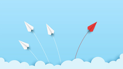 Red paper plane changing direction. Concept of creativity, new ideas, and innovative. Different business. Vector illustrations