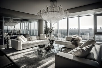 Interior of a modern luxury living room with floor-to-ceiling windows, Chandelier and modern furniture. Generative AI.
