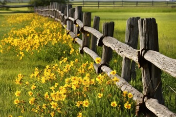 Fototapeta premium A wooden fence surrounding a field of yellow flowers
