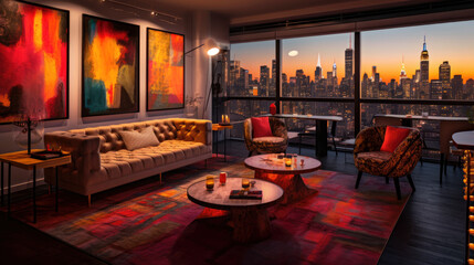 Luxury penthouse living room in New York City, modern luxury apartment with skyline city view. Generative AI.
