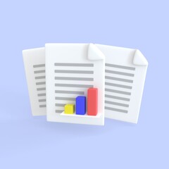 Document 3d render icon. Stack of paper sheet with text and column chartfor searching and calculate statistic files in database. business money finance and development files concept.