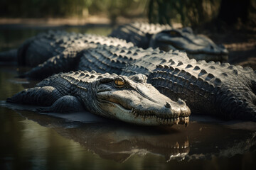 Obraz premium Crocodile, Crocodiles Group, Wild life, Wild Animals, Safari, Animal, Made by AI, AI generated, Artificial intelligence 