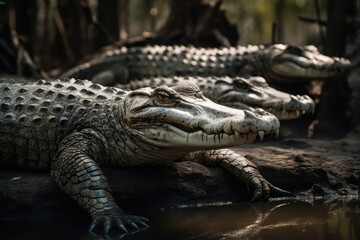 Obraz premium Crocodile, Crocodiles Group, Wild life, Wild Animals, Safari, Animal, Made by AI, AI generated, Artificial intelligence 