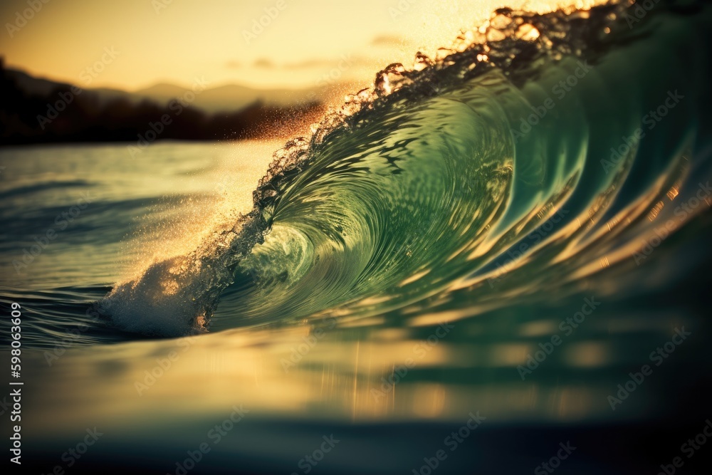 Poster powerful ocean wave crashing against a rocky shore. generative ai generative ai