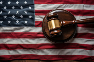 A judges gavel hammer with an American flag. USA law and order. Generative ai Generative AI
