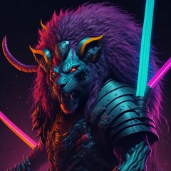 Colorful lion samurai. Generative AI	