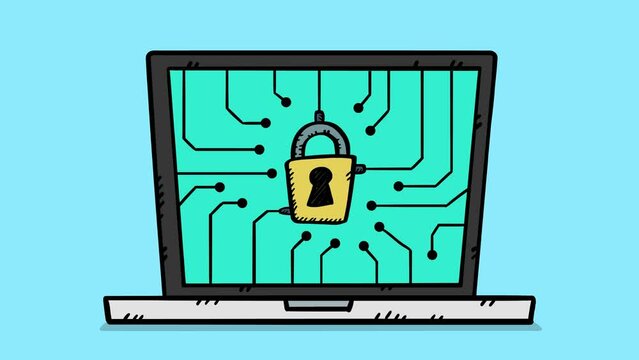 A hand-drawn animation depicting a laptop computer with a digital padlock. Password login, data security, secure information. Video in 4k or HD quality.