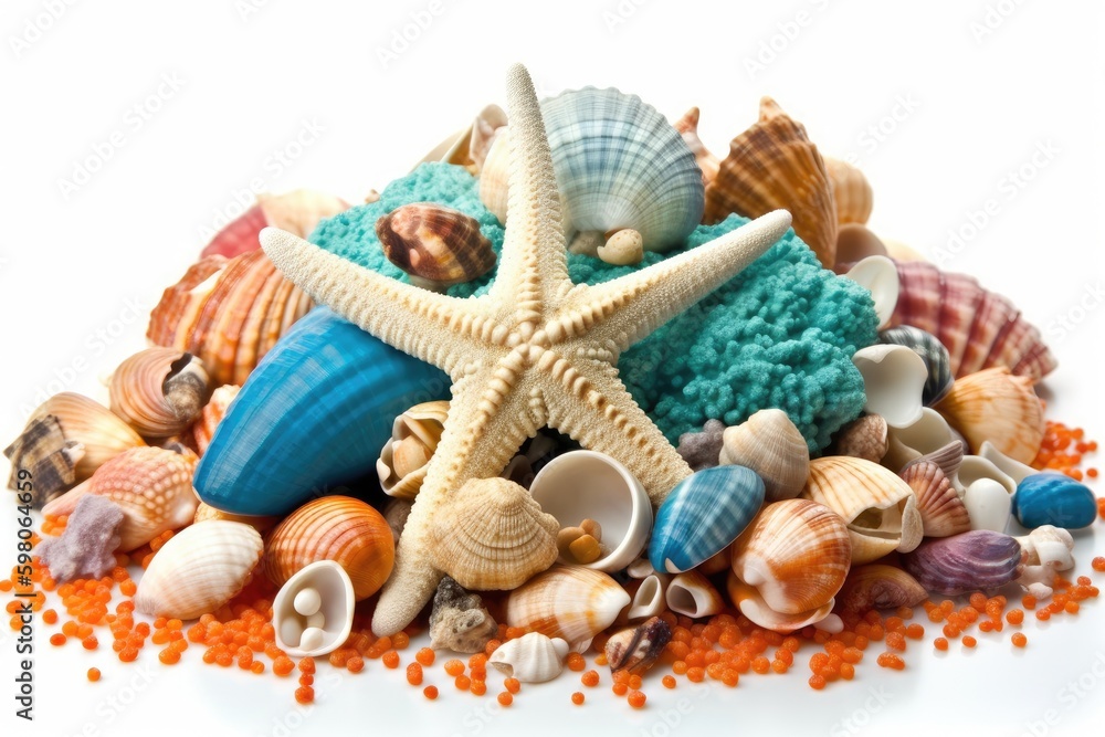 Aufkleber pile of seashells and starfish on a white background. generative ai generative ai