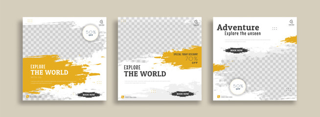 Travel Set of Editable minimal square banner template. Green yellow white background color with geometric shapes for social media post, story and web internet ads. Vector illustration