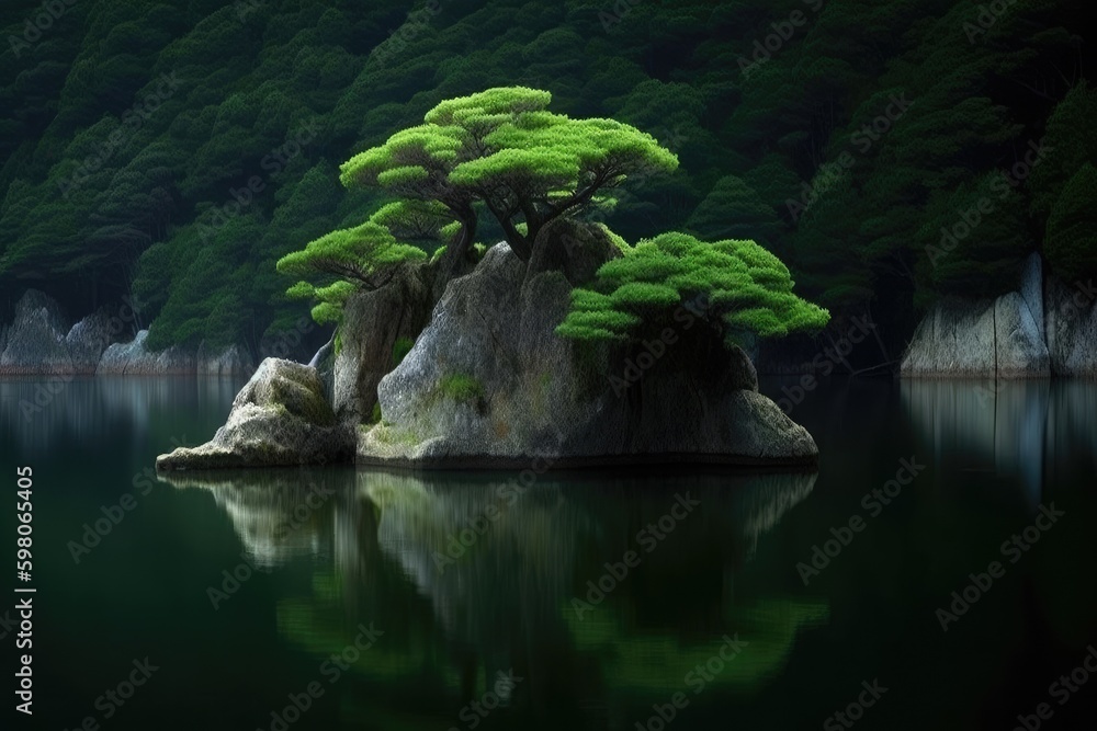 Poster solitary tree growing on a rock in the center of a serene lake. generative ai generative ai