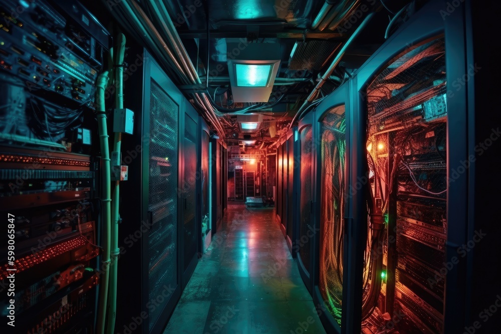 Poster futuristic hallway with alternating red and green lights. generative ai generative ai