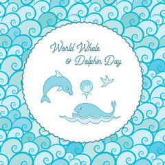 Obraz premium World Whale and Dolphin day Vector Poster. Whale and Dolphin with lettering. Cartoon Illustration