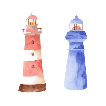 Watercolor lighthouses illustrations - hand drawn isolated ocean boy theme on transparent background