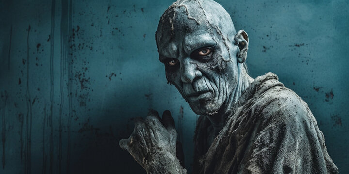scary horrific zombie person, blue concrete wall, created with generative ai
