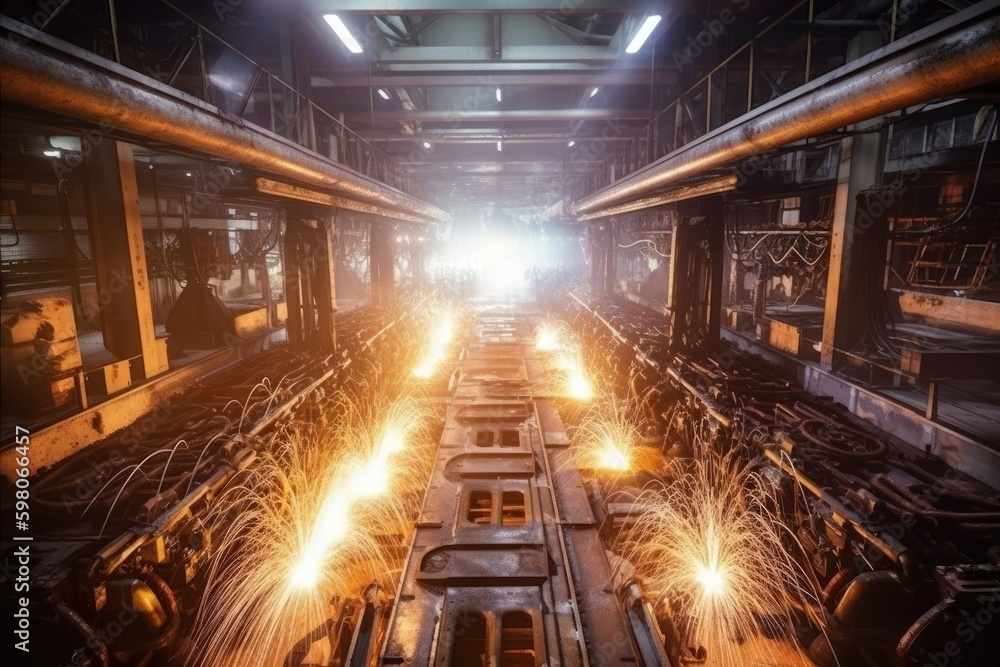 Poster busy factory floor with machinery and sparks flying. generative ai generative ai