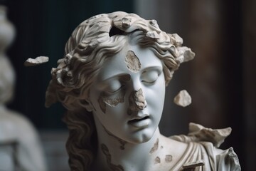 Fototapeta na wymiar Broken ancient greek statue woman head falling in pieces. Created with generative technology.
