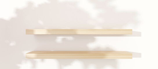 Wooden shelves two floors luxury product shelves tree reflections from sunlight interior design background 3d illustration