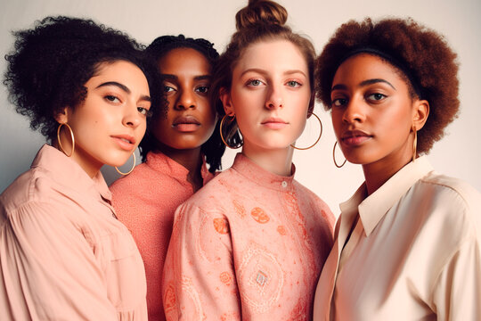 Multiethnic Feminine Strength: Empowering Women in Pastel-Colored Vintage Blouses Against a Pink Background. They are looking front at camera. Generative Ai