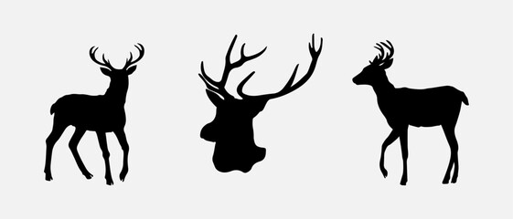 isolated black silhouette of a deer , vector collection