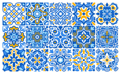 Azulejo mosaic tiles, blue, white, yellow colors square patterns with floral motifs. Mediterranean, Portuguese, Spanish traditional vintage ceramic tilework. Arabesque ornament with flowers. Vector
