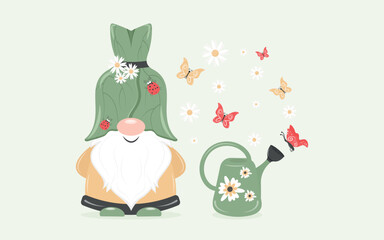 Cute garden gnome. A joyful, kind, fabulous bearded dwarf elf with a watering can is working in the garden. Cartoon vector illustration